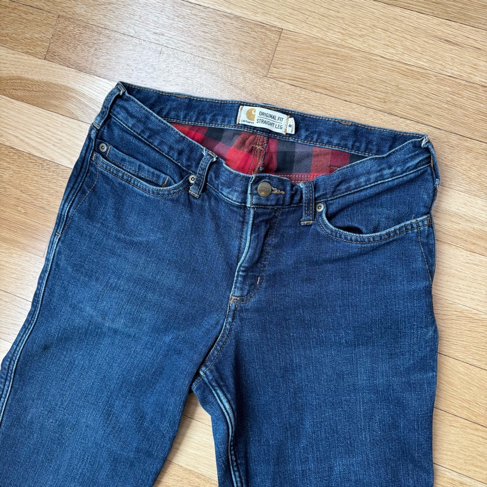 Carhartt Dark Blue Red Flannel Lined Straight Leg Jeans Size 8